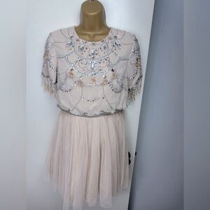 ASOS DESIGN Cream Crop Top Fringe Embellishment Bejeweled Tulle Mini Dress NWT 4